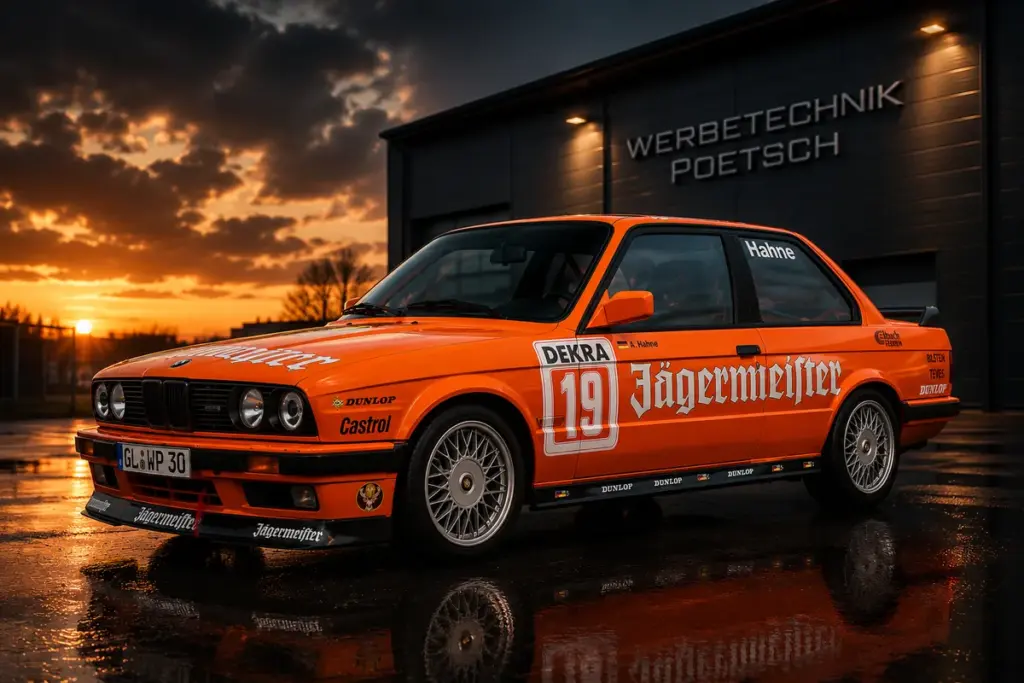 BMW im Jägermeister Design als hochwertige Fahrzeugbeschriftung von Werbetechnik Poetsch