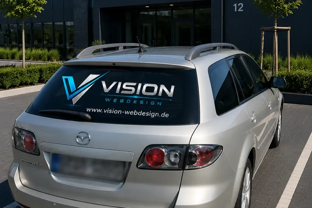 Heckscheibenbeschriftung mit Vision Webdesign Logo auf Mazda 6, umgesetzt von Werbetechnik Poetsch
