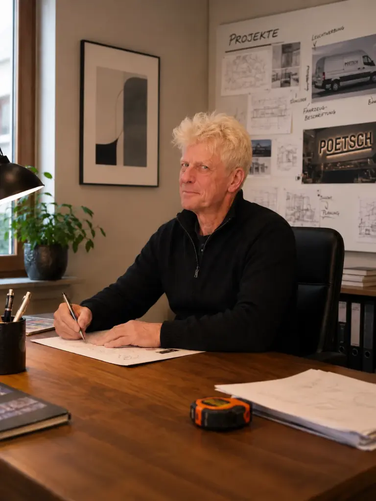 Herr Poetsch bei der Beratung und Planung von Werbetechnik-Projekten am Schreibtisch