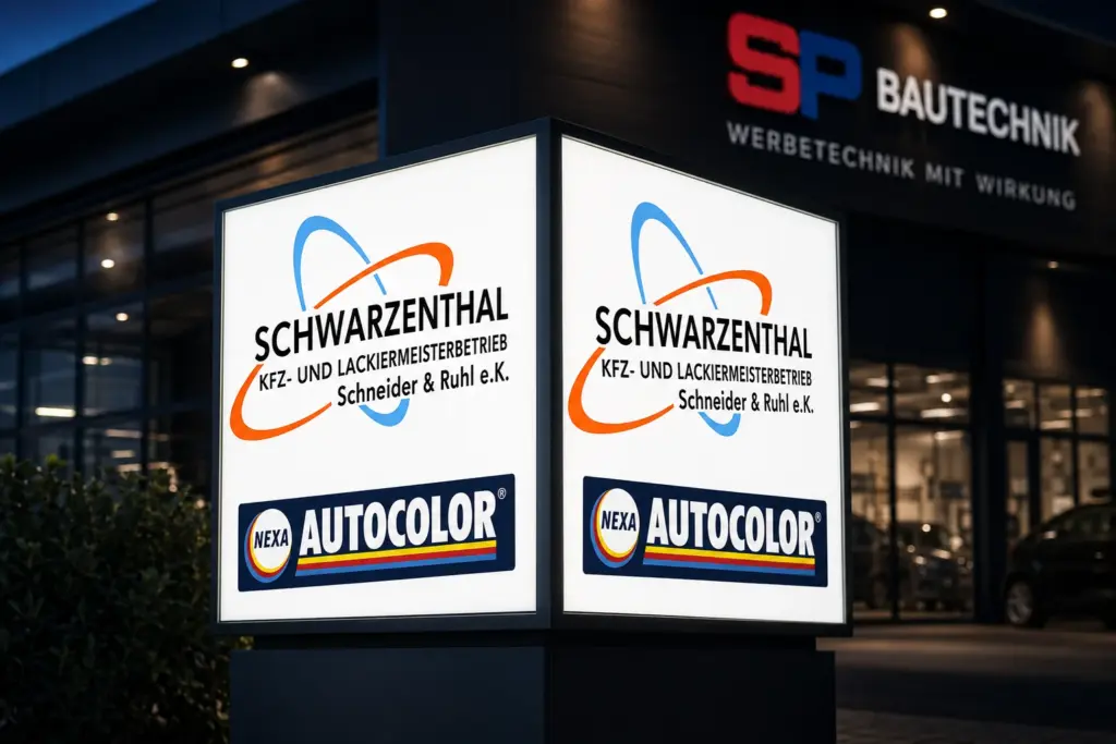 Beleuchteter Leuchtkasten als professionelle Lichtwerbung im Gewerbegebiet von Werbetechnik Poetsch
