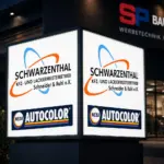 Beleuchteter Leuchtkasten als professionelle Lichtwerbung im Gewerbegebiet von Werbetechnik Poetsch