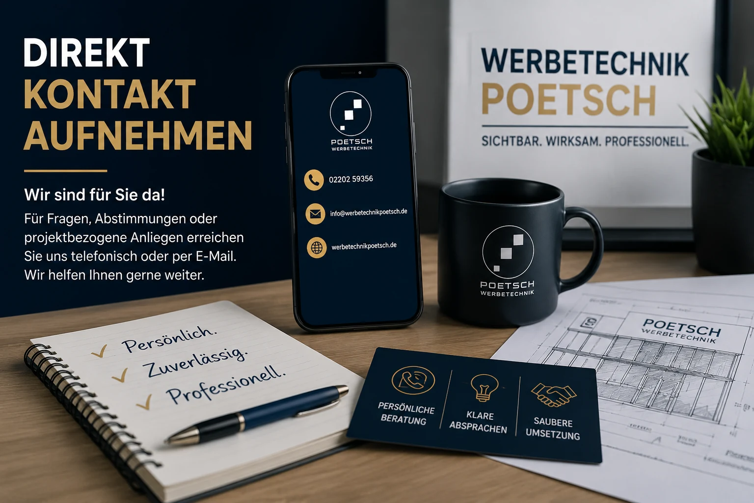 Direkt Kontakt aufnehmen mit Werbetechnik Poetsch per Telefon oder E-Mail für Werbetechnik Projekte