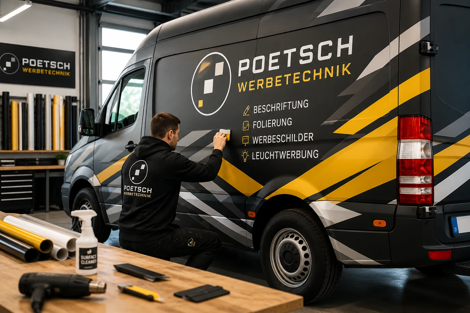 Professionelle Fahrzeugbeschriftung eines Transporters durch Werbetechnik Poetsch in der Werkstatt