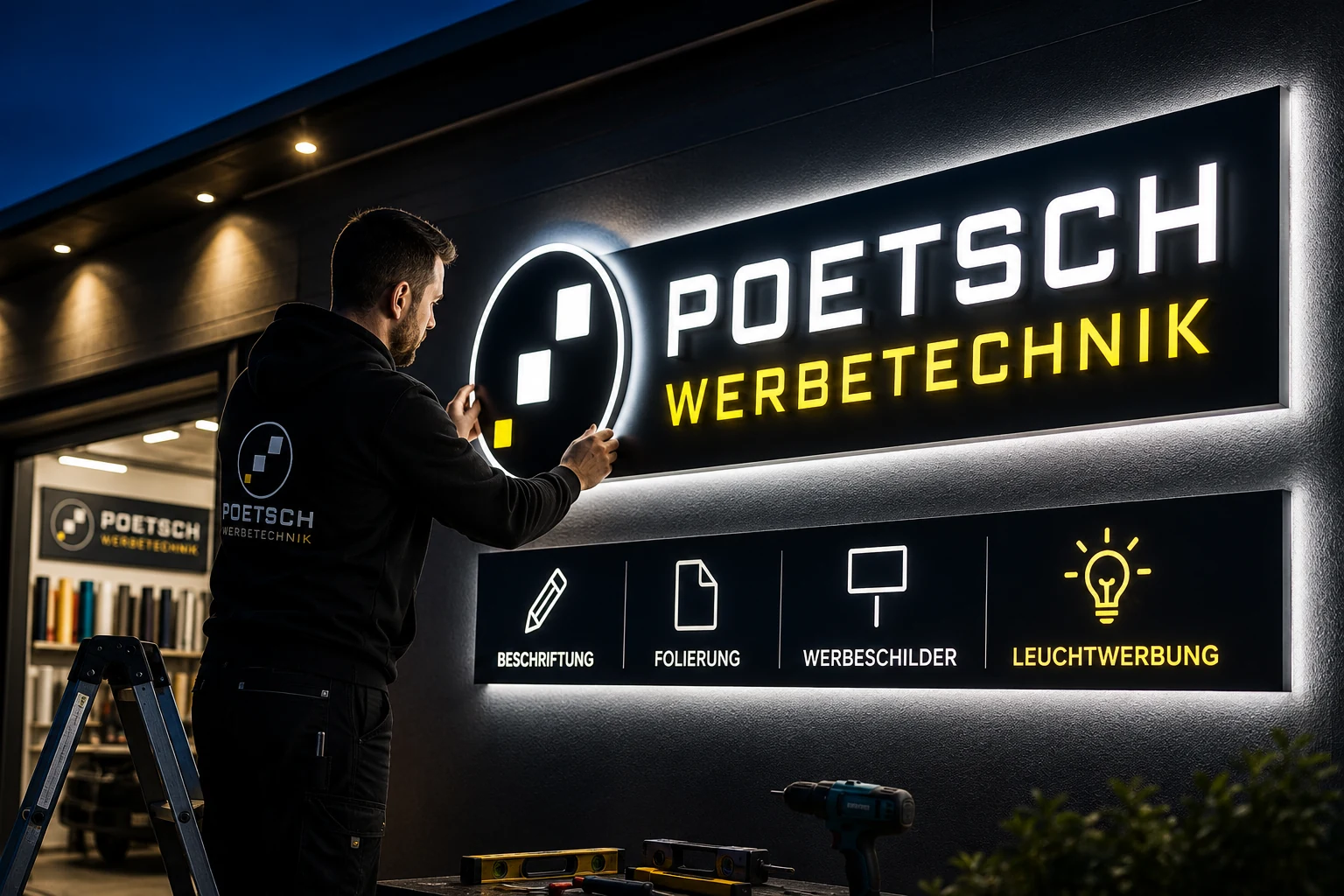 Montage einer modernen Leuchtwerbung mit LED Werbeanlage von Werbetechnik Poetsch